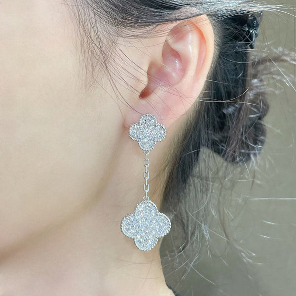 <ORIELL>CLOVER 2 MOTIFS DIAMOND PAVED SILVER EARRINGS