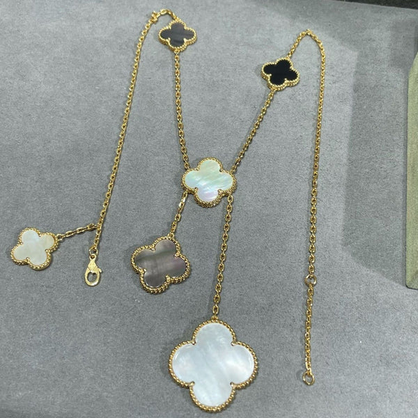 <ORIELL>CLOVER 6 MOTIF MOP ONYX GOLD NECKLACE