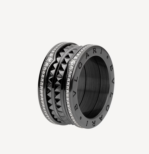 <ORIELL>ZERO 1 ROCK FOUR-BAND BLACK CERAMIC WITH STUDDED SPIRAL AND PAVED DIAMONDS RING