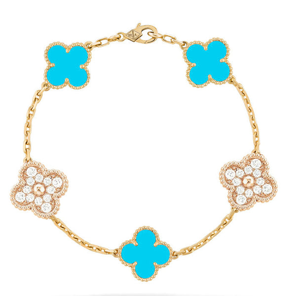 <ORIELL>CLOVER 5 MOTIF TURQUOISE DIAMOND BRACELET
