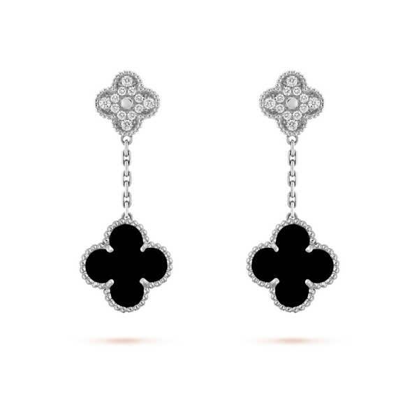 <ORIELL>CLOVER 2 MOTIFS  DIAMOND ONYX EARRINGS SILVER