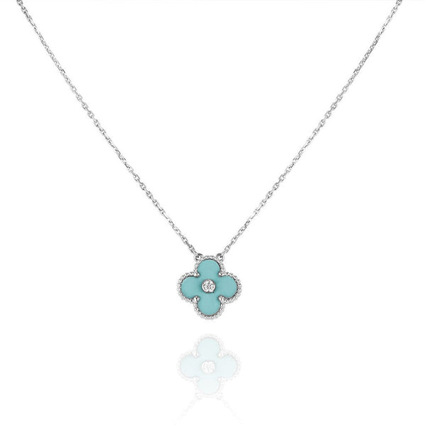 <ORIELL>CLOVER 1 DIAMOND LIGHT BLUE SILVER NECKLACE