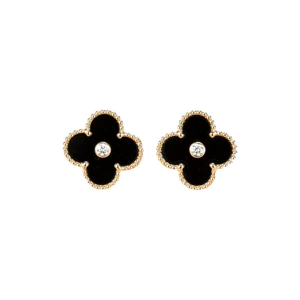 <ORIELL>CLOVER MEDIUM 1 MOTIFS ONYX DIAMOND EARRINGS